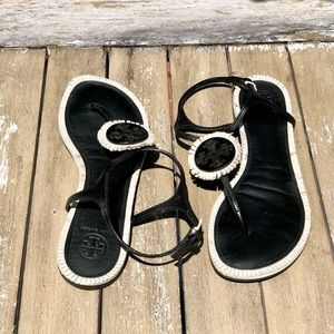 Tory Burch Miller Fringe Flat Leather T-strap Sandals